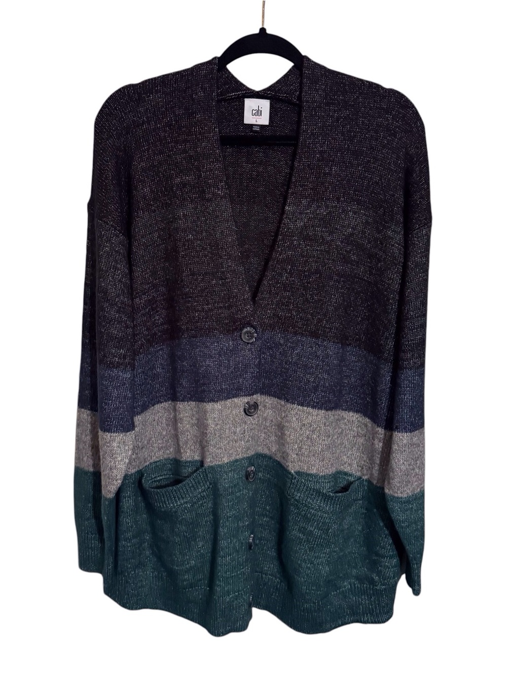 Cabi Large Multicolor Stripe Tiered Cardigan Sweater Button Up V-Neck Casual